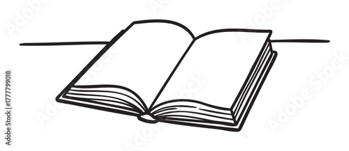 Black and white line drawing of an open book with visible pages, laying flat and slightly tilted, depicting a simple and minimalist style.