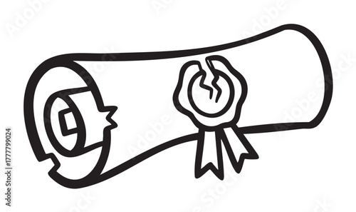 Black outline of a rolled diploma with a broken seal, signifying graduation or achievement.