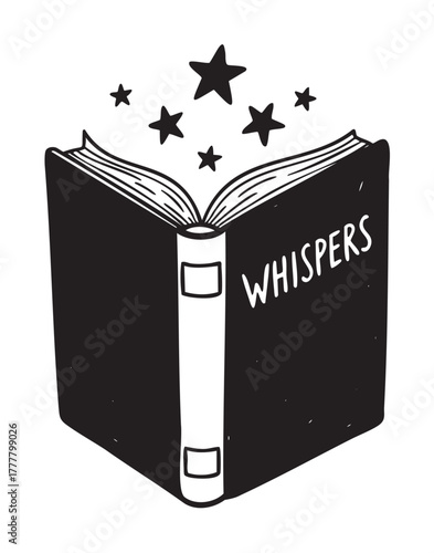 Black and white illustration of an open book with the word 'whispers' on the cover and stars emerging from its pages.