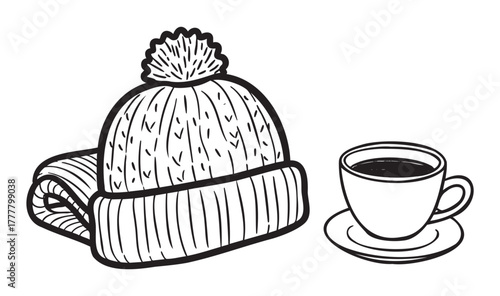 Black and white line drawing of a cozy knitted winter hat with a pom-pom, next to a steaming cup of coffee on a saucer.