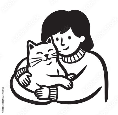 Black and white illustration of a smiling person hugging a content cat, depicting warmth and companionship.