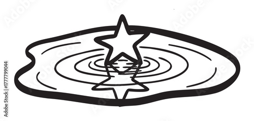 Black outline drawing of a single star-shaped object surrounded by ripple-like circular lines, creating a serene water reflection effect.