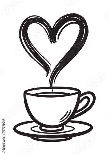 Black outline of a steaming coffee cup with a heart-shaped swirl rising from the steam, symbolizing warmth and affection.