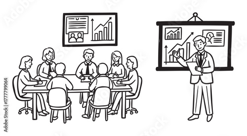 Group of diverse, professional adults gather around a conference table in a meeting while a presenter stands next to a chart, discussing business growth.