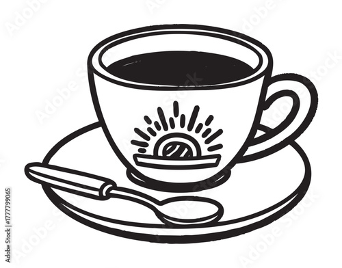Black outline of a coffee cup with a sunburst design on a saucer accompanied by a spoon.