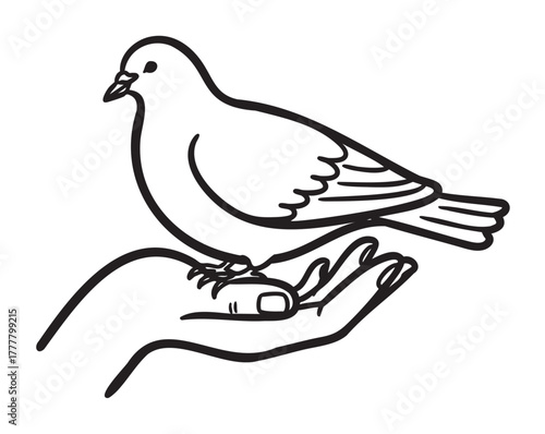 Elegant black outline drawing of a bird perched on a human hand. simple and minimal design portraying harmony with nature.