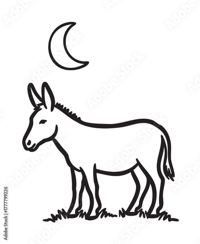 Black outline vector illustration of a donkey standing on grass under a crescent moon. simple linear drawing ideal for nature and nocturnal themes.