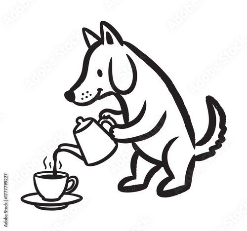 Black and white drawing of a cartoon dog pouring hot water from a kettle into a steaming teacup on a saucer.