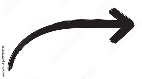 Black brushstroke-style curved arrow pointing to the right, conveying direction and movement in a bold graphic design.