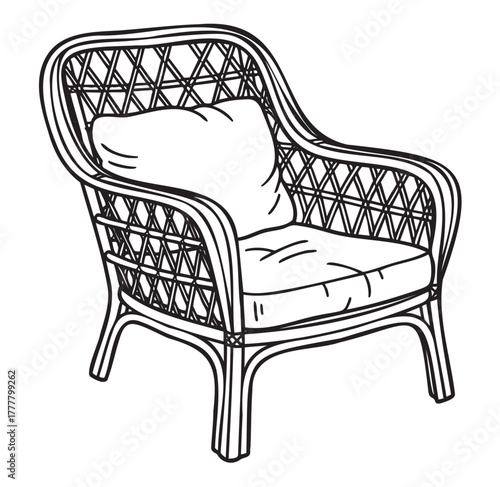 Black and white outline drawing of a wicker armchair with a cushioned seat and a decorative pillow, showcasing intricate woven details.