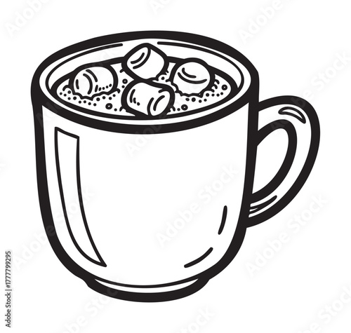 Black and white outline drawing of a steaming coffee mug filled with small, fluffy marshmallows on top.