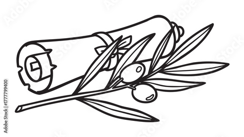Black outline drawing of a rolled scroll with an olive branch, symbolizing peace and knowledge.