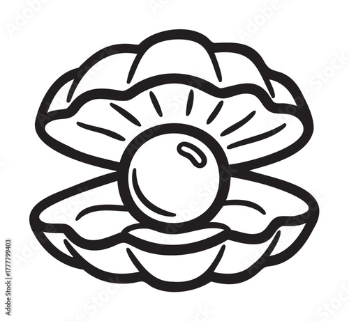 Black and white outline of an open oyster shell with a single round pearl inside, symbolizing luxury and ocean treasures.