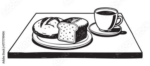 Hand-drawn black and white illustration of a breakfast scene featuring a cup of coffee, a slice of bread, and a bun on a rectangular plate.