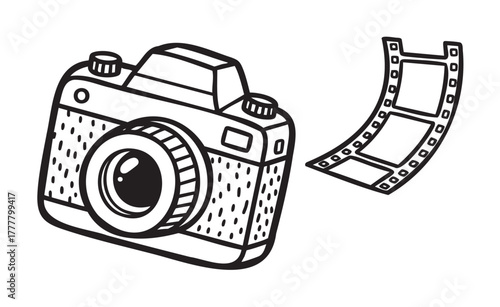 Black and white line drawing of a vintage film camera next to a strip of film, capturing retro photography themes.