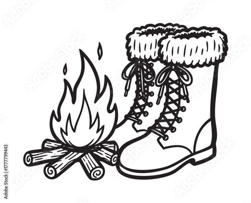 Black outline vector illustration of fur-lined winter boots beside a blazing campfire, symbolizing warmth and outdoor adventure.