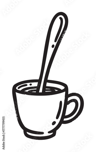 Black outline of a simple cup with a long handle spoon inside, depicting a minimalistic design for kitchen and dining concepts.