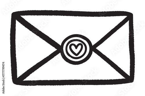 Black outline drawing of a rectangular envelope with a heart seal in the center emphasizing a love or romantic theme.