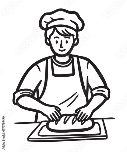 Black and white line drawing of a young caucasian male baker in an apron and hat kneading dough on a cutting board.