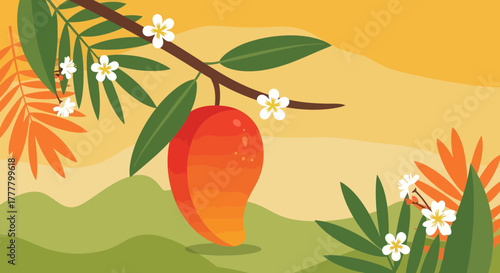 Vibrant Illustrated Mango Hanging From a Tree Branch in a Sunny Landscape