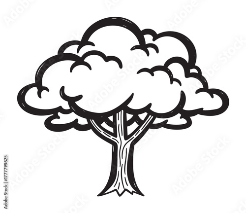 Black outline illustration of a simple deciduous tree with a round, leafy canopy and a sturdy trunk.