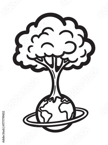 Black outline drawing of a tree growing from a globe with a ring, representing nature and environmental concepts.
