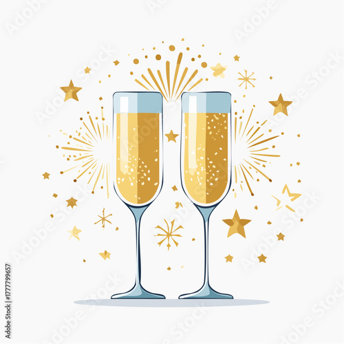 Flûtes de champagne et confettis isolés symbole Nouvel An