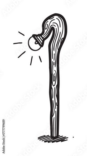 Hand-drawn sketch of a wooden cane with a curved handle and a bell emitting sound waves, symbolizing alertness and support.