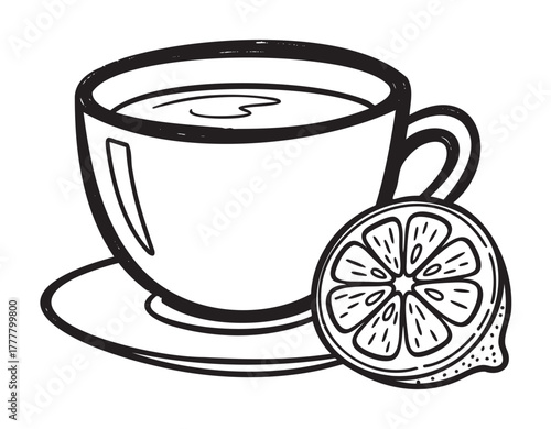 Black outline vector illustration of a steaming cup of tea on a saucer with a lemon slice beside it, ideal for beverage and relaxation themes.