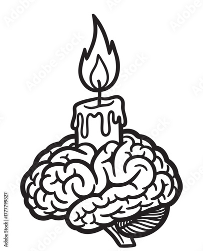 Black outline drawing of a human brain with a melting candle on top, representing ideas and enlightenment.