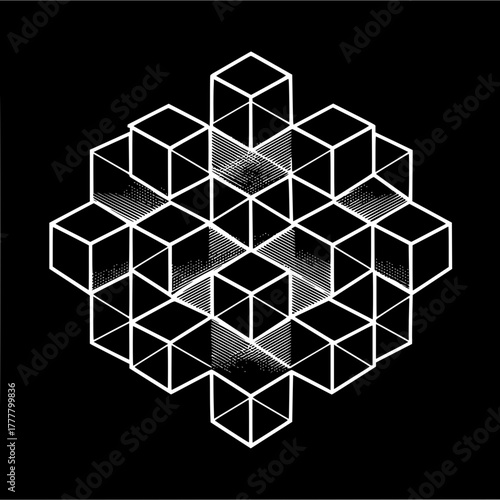 Geometric arrangement of white outlined cubes and triangles with striped shading on a black background