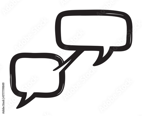 Black outline of two overlapping speech bubbles, each with a pointed tail, representing communication and conversation concepts.