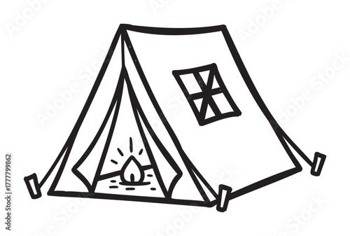Black outline drawing of a simple triangular camping tent with an open flap revealing a lit campfire inside.