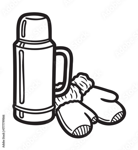 Black outline of a thermos bottle with a handle, accompanied by a pair of simple knit mittens. ideal for winter and camping themes.