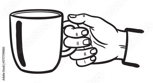Black and white line drawing of a hand holding a large coffee mug, showing fingers wrapped around the handle.