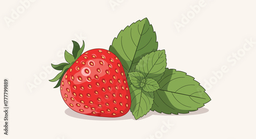 Vibrant Illustrated Strawberry Adorned With Fresh Mint Leaves On Creamy Backdrop