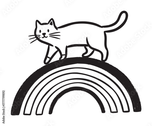 Black outline drawing of a cat walking on a stylized rainbow, with simple and bold lines creating a playful and whimsical design.