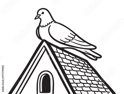 Black outline drawing of a pigeon perched on the rooftop of a birdhouse with a shingled design.