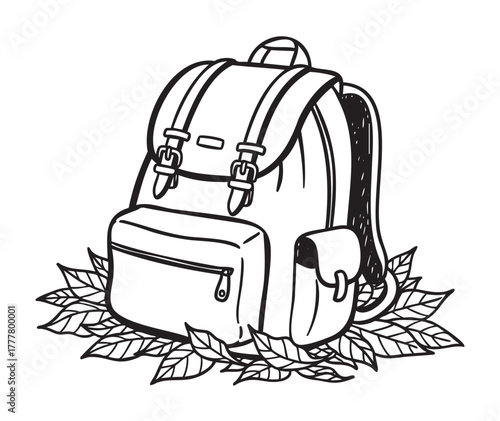 Black outline vector illustration of a backpack with pockets and buckles, surrounded by leaves, emphasizing travel and adventure essentials.