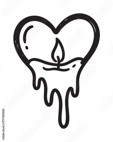 Black outline drawing of a heart-shaped candle melting with a visible flame and dripping wax.