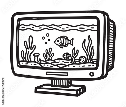 Black outline drawing of a fish tank with two fish and aquatic plants inside a rectangular tank with a base stand.