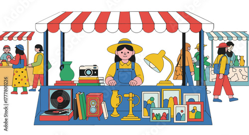 Vibrant Illustrated Scene of Smiling Vendor at a Colorful Flea Market Stall Display