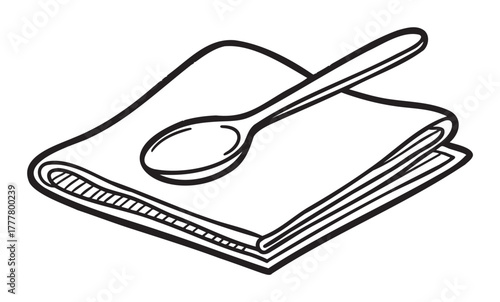 Black outline drawing of a folded napkin with a spoon resting on top. simple linear illustration for dining, kitchen, and table setting themes.