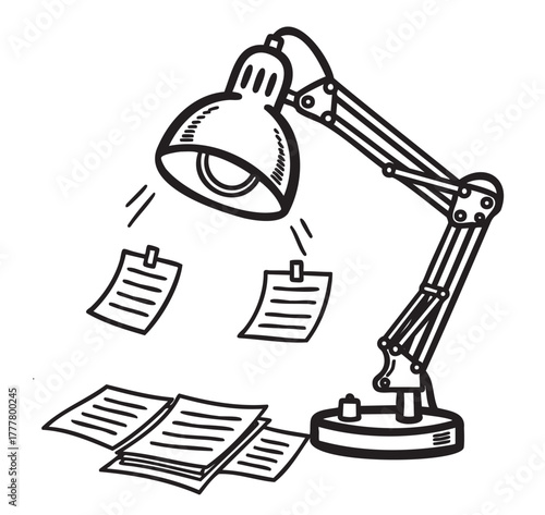 Black and white illustration of a classic desk lamp with clamp-on base, illuminating scattered sheets of paper with notes.