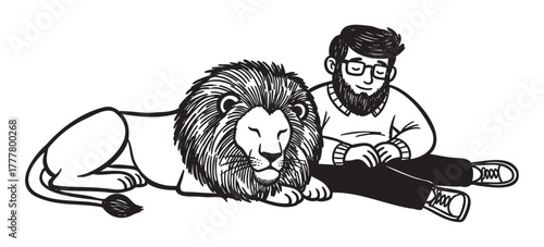 Black and white drawing of a relaxed man with a beard and glasses sitting closely beside a resting lion.
