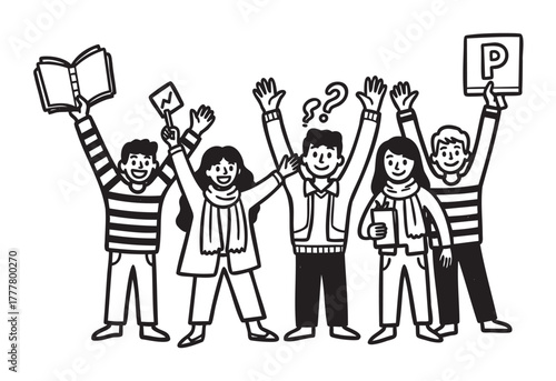 Group of young cartoon characters standing together, some holding signs and books, expressing excitement and curiosity.