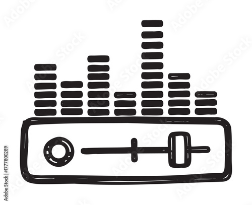 Black outline drawing of an audio equalizer with vertical bars and a control slider, emphasizing sound adjustment and music concepts.