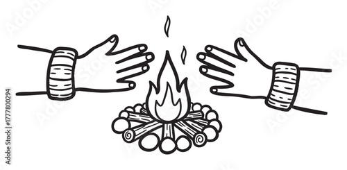 Black outline drawing of two hands warming over a small campfire, surrounded by logs and stones, evoking a cozy camping experience.