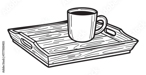 Black outline drawing of a wooden tray with handles, featuring a plain mug placed centrally on the tray.