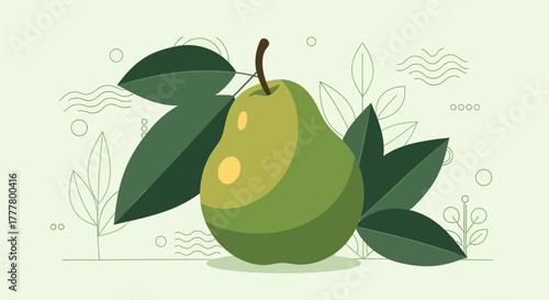 Vibrant Illustration of a Green Pear with Leaves Against a Soft Background Design